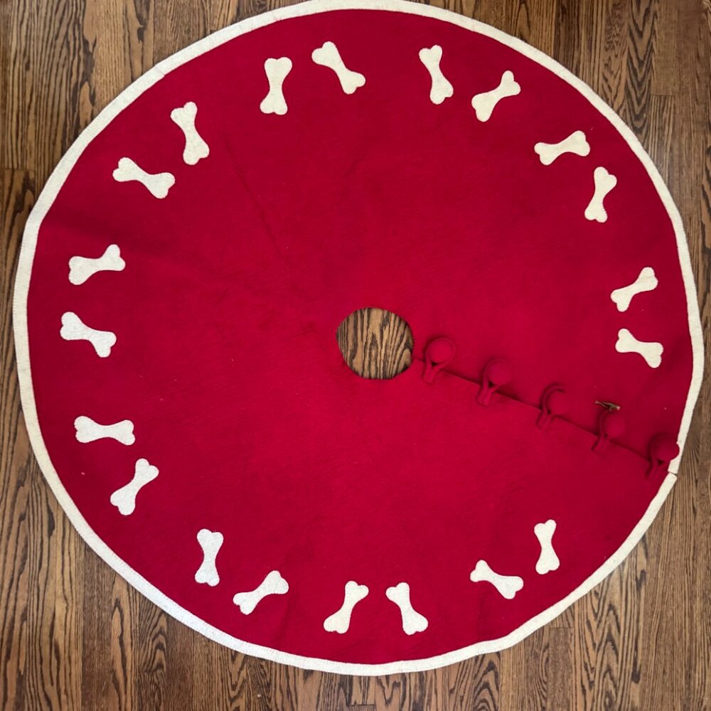 Arcadia Home 60" Dog Bones on Red Christmas Tree Skirt in Hand Felted Wool